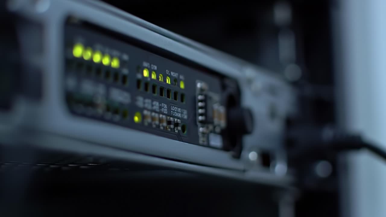 Close-up of a network device displaying active status lights in a dimly lit server room. The equipment is crucial for maintaining internet connectivity and data exchange.