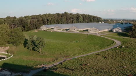 Aerial-approach-to-chicken-house,-industrial-farm-in-rural-countryside