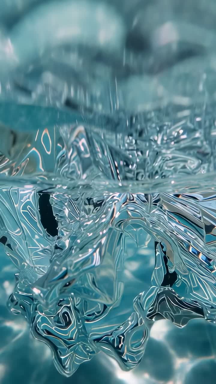 Vertical video: Pulsing water surface sending column twisting down in tank with bubbles caustics