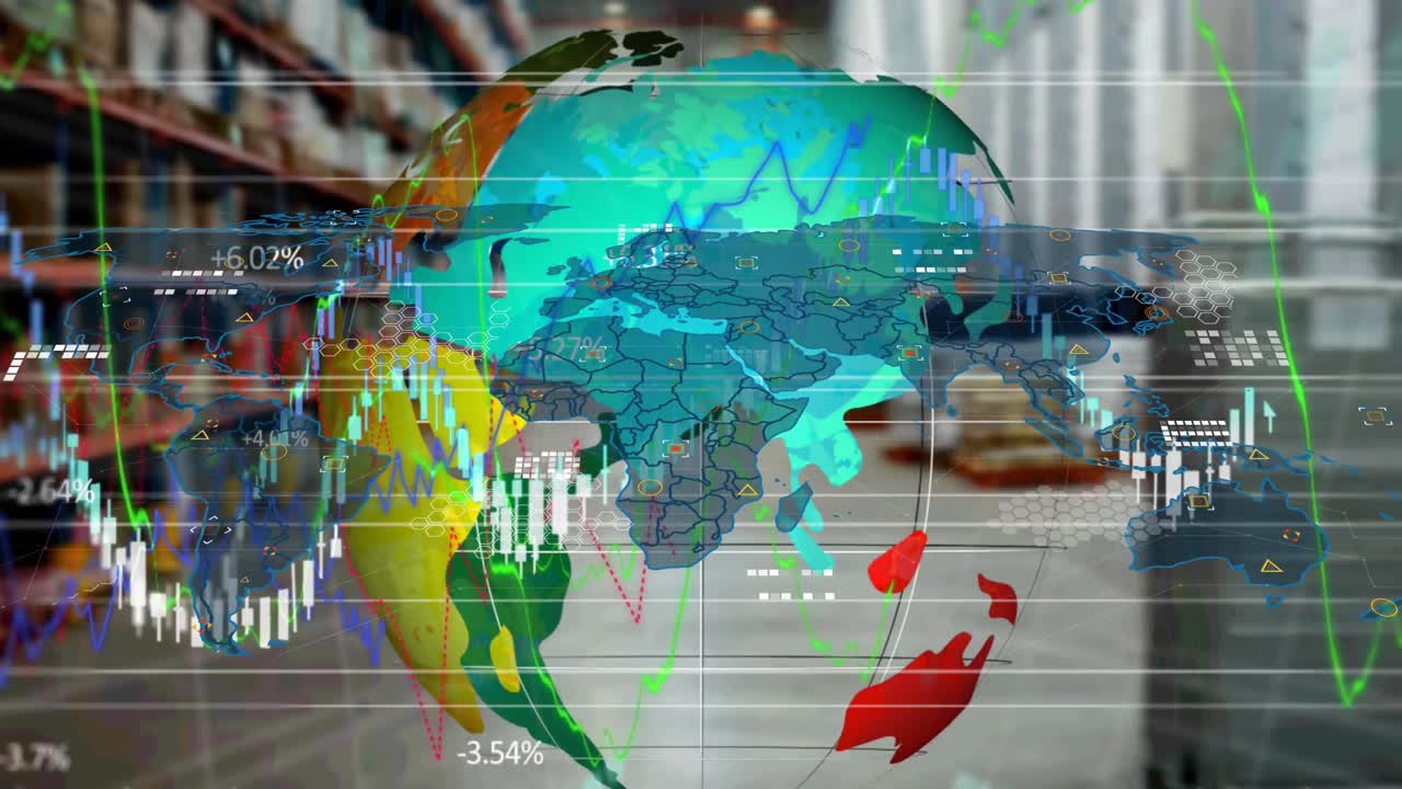 animación del globo y los datos financieros sobre el almacén