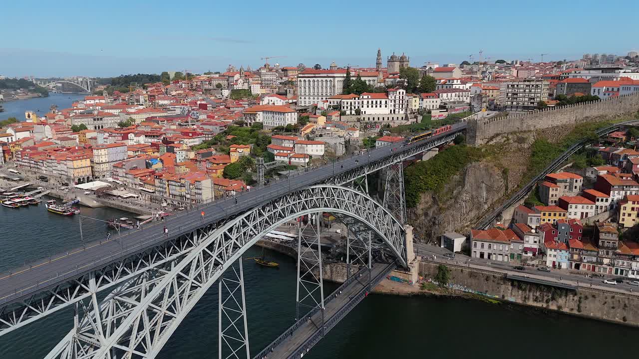 Aerial approach of the bridge in Porto Portugal