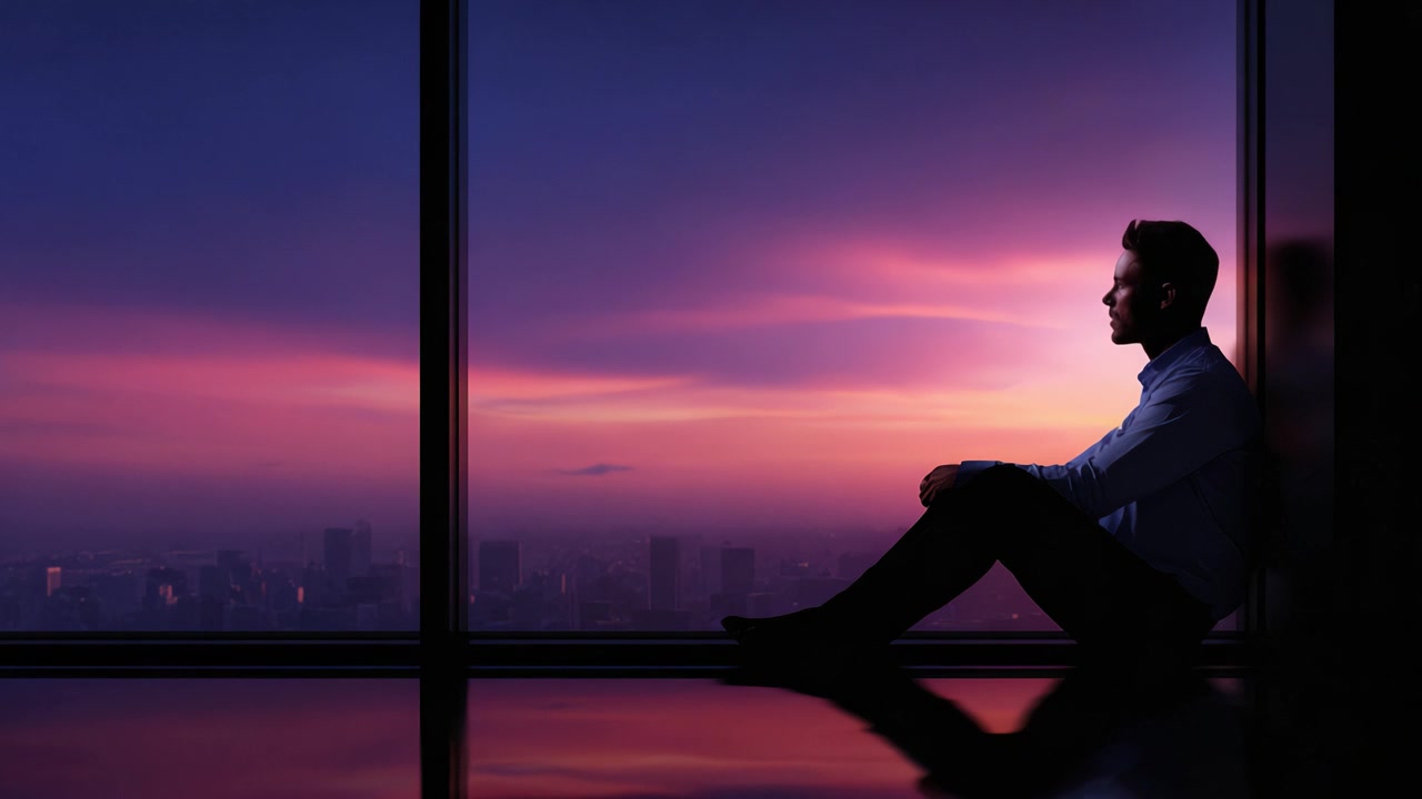 Riflessione contemplativa: un uomo siede accanto alla finestra al crepuscolo, osservando lo skyline di una città immerso in vivaci sfumature di viola e rosa durante il tramonto.