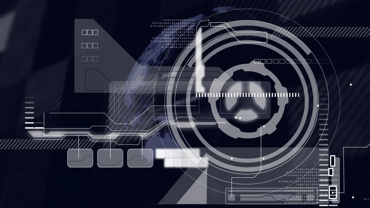 미래의 디지털 인터페이스 요소와 회전하는 지구 애니메이션에 대한 데이터 처리