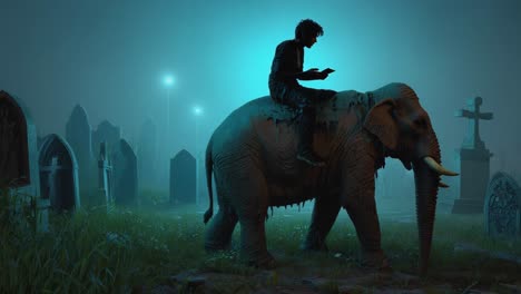 Elephant Ride Through a Misty Graveyard at Night