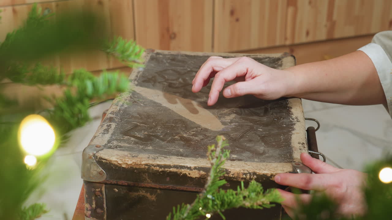 Hand view drawing shapes on dusty box using wet finger, creating tactile creative moment with rustic textures and blurred festive greenery surrounding cozy indoor scene during cheerful holiday season
