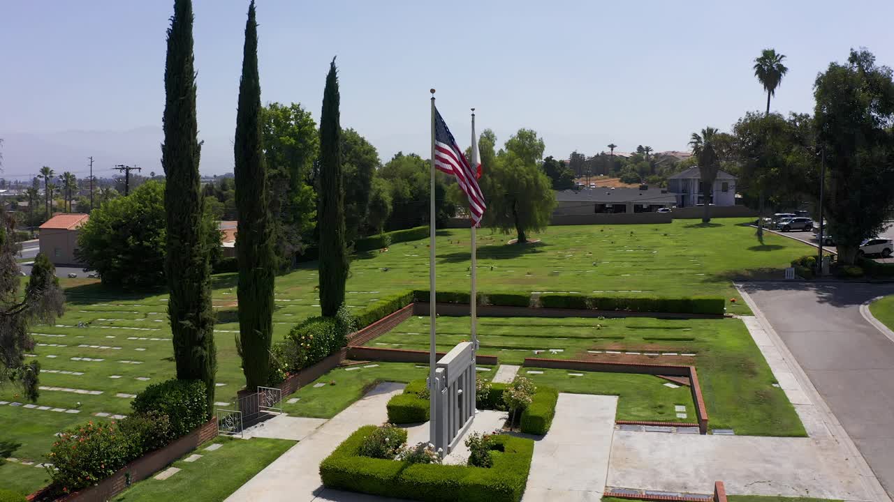 Low panning aerial shot of a Veteran's Memorial at a California mortuary