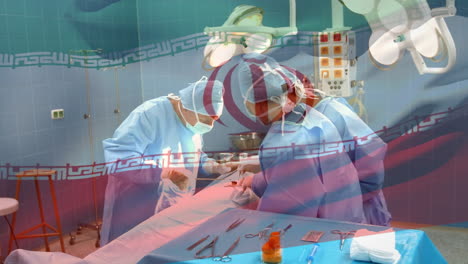 animation of flag of iran over surgeons in operating theatre