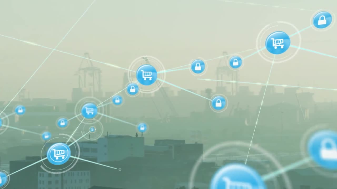 デジタルアイコンのネットワークのアニメーションと都市風景の空中映像