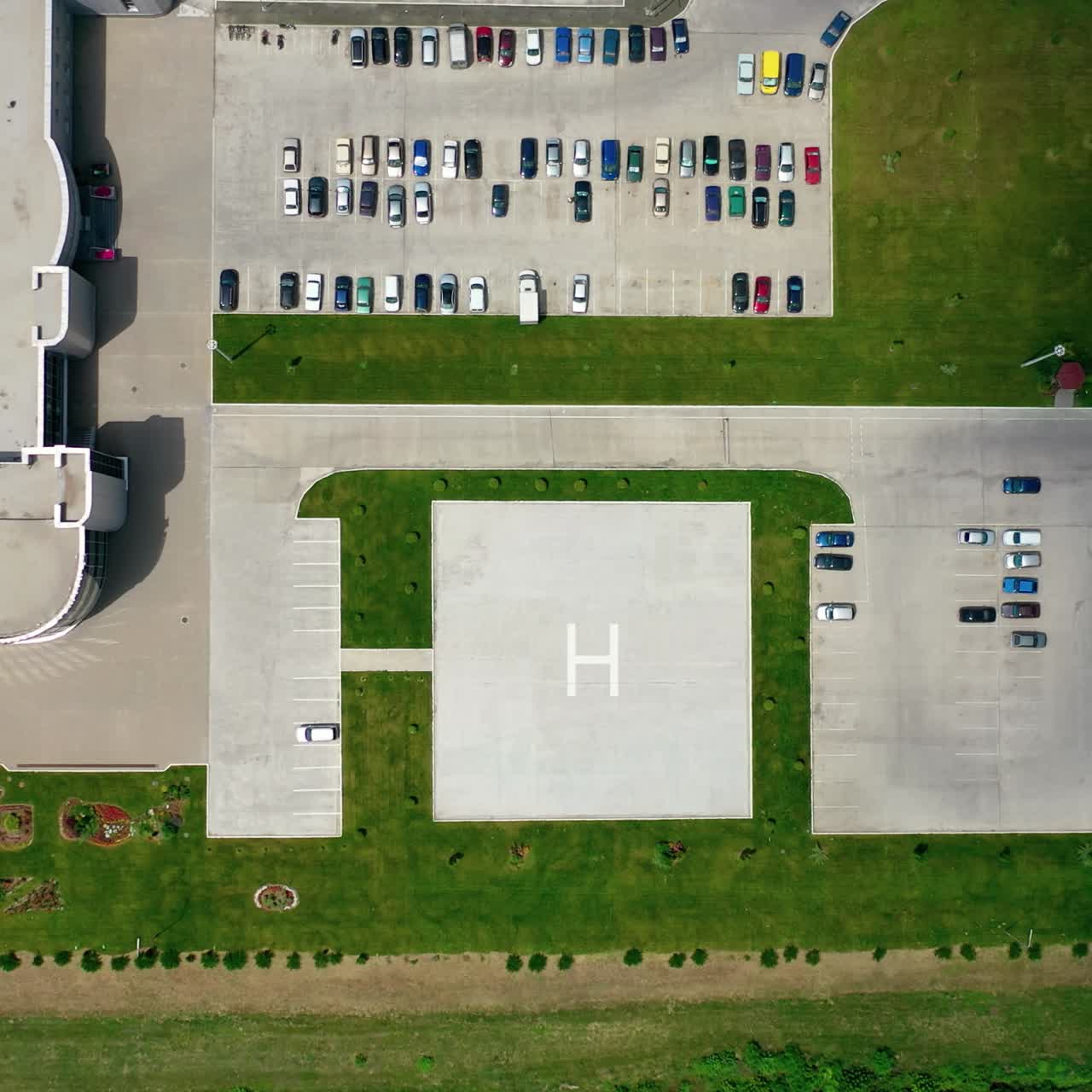 Helicopter landing site. Aerial view of a large modern industrial factory