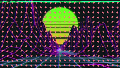 Animation-of-digital-landscape-and-sun-over-grid