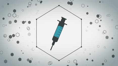animación del icono de la jeringa sobre hexágonos sobre un fondo blanco
