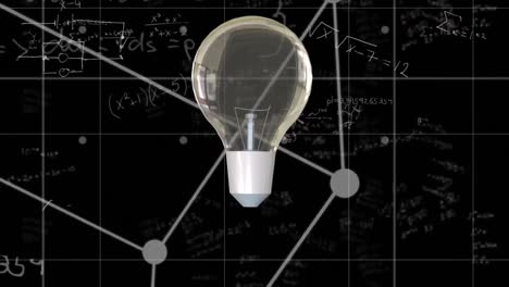 Animation-of-light-bulb-and-mathematical-data-processing-on-black-background