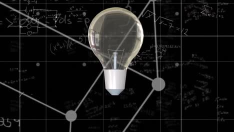 Animation of light bulb and mathematical data processing on black background