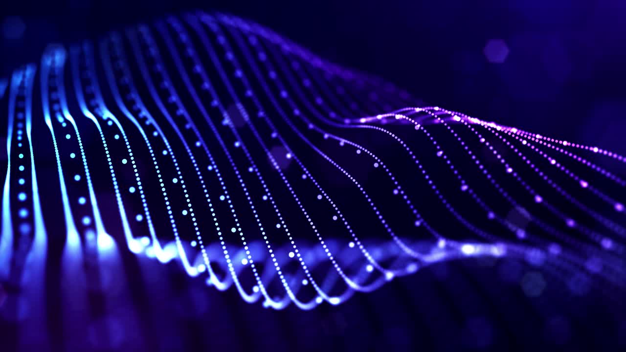 4k looped sci-fi particle background with bokeh and light effects. Glow blue particles form lines, surfaces, complex structures in smooth motion like in the microworld or space. Particle strings 6