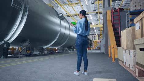 back view of full body asian business woman using mobile phone with green screen in pipe manufacturing factory