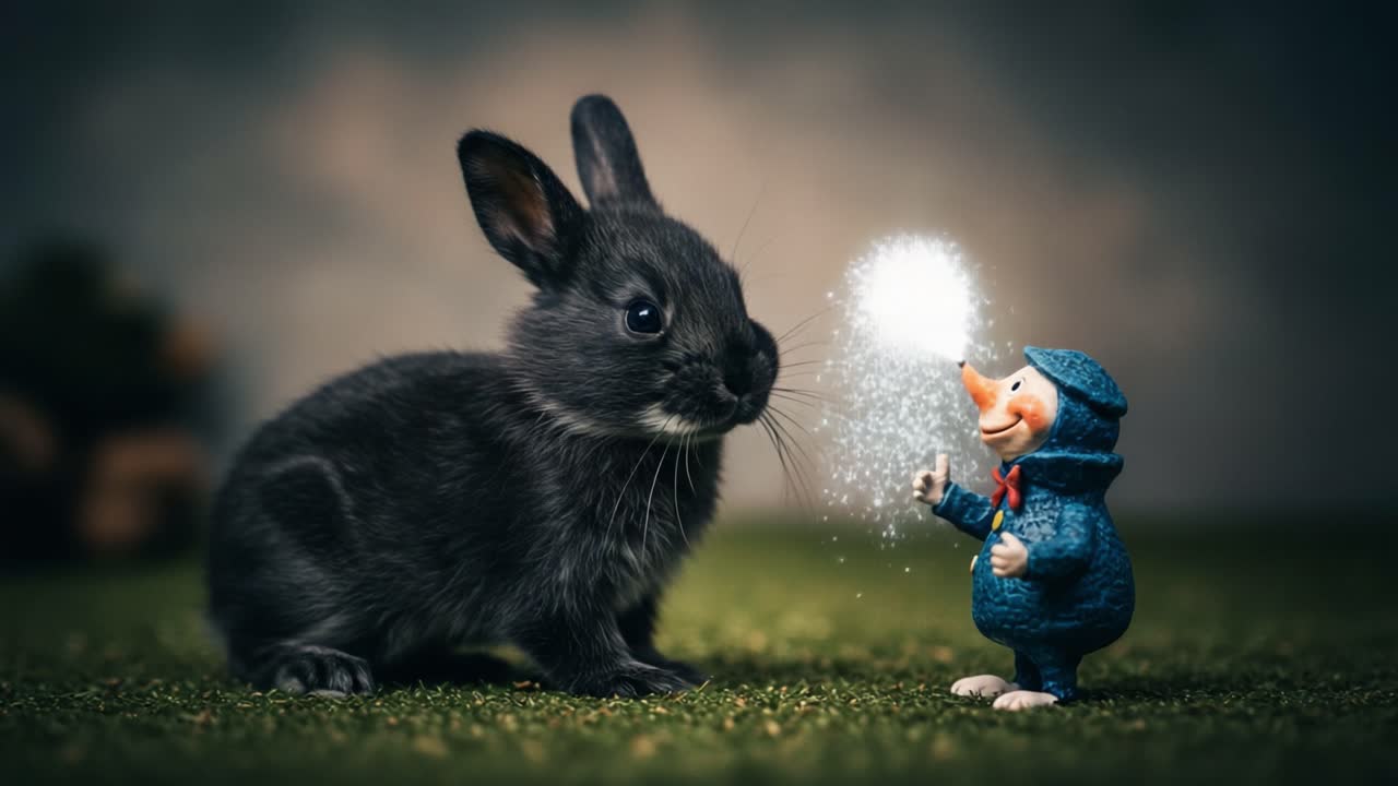 A Whimsical Encounter: A Curious Black Rabbit Meets a Charming Toy Figure Spreading Sparkles and Joy in a Magical Setting