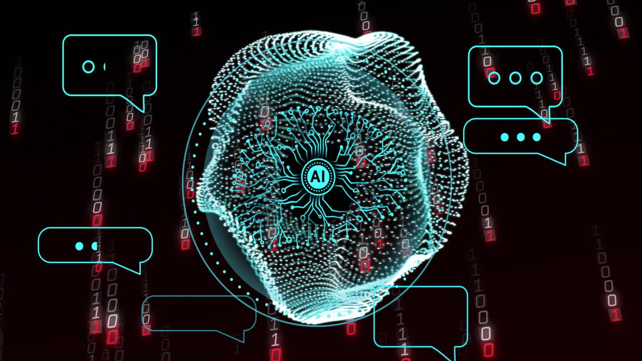 AI neural network animation over binary code and digital communication icons