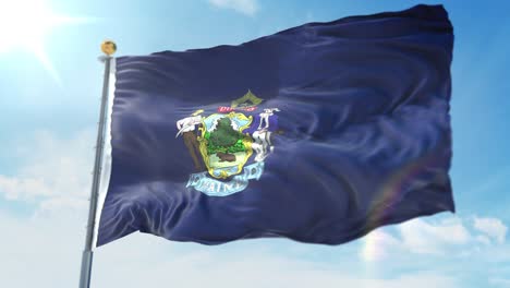 4k ilustración 3d de la bandera ondeante en un poste del estado de maine en estados unidos de américa