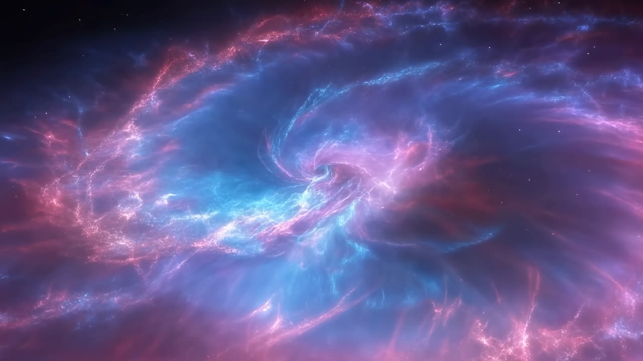 Vast Swirling Blue And Pink Nebula, Cosmic Spiral Of Luminous Plasma And Stardust, Slow Rotational Motion