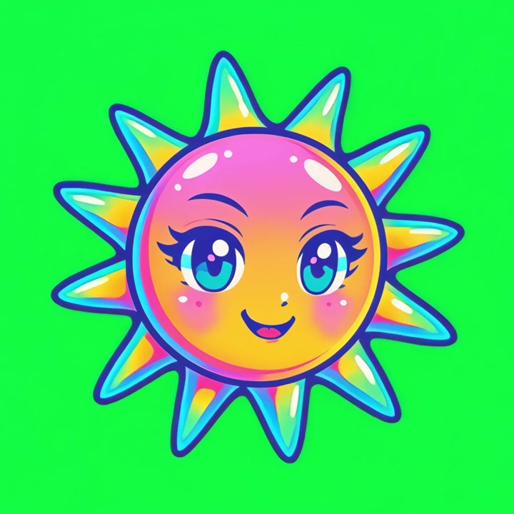 Personaggio sole Kawaii animato che ammicca su sfondo verde