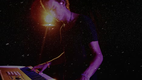 male musician playing keyboard on stage, with animated technology overlays and floating particles