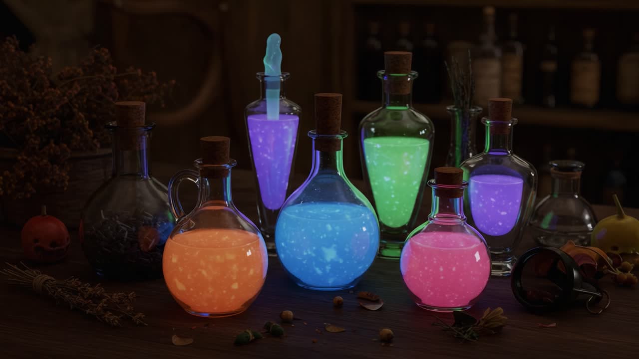 A Fascinating Display of Glowing Potions in Glass Bottles, Vibrant Colors Illuminate the Table as They Emit Enchanting Lights in a Spellbinding Arrangement
