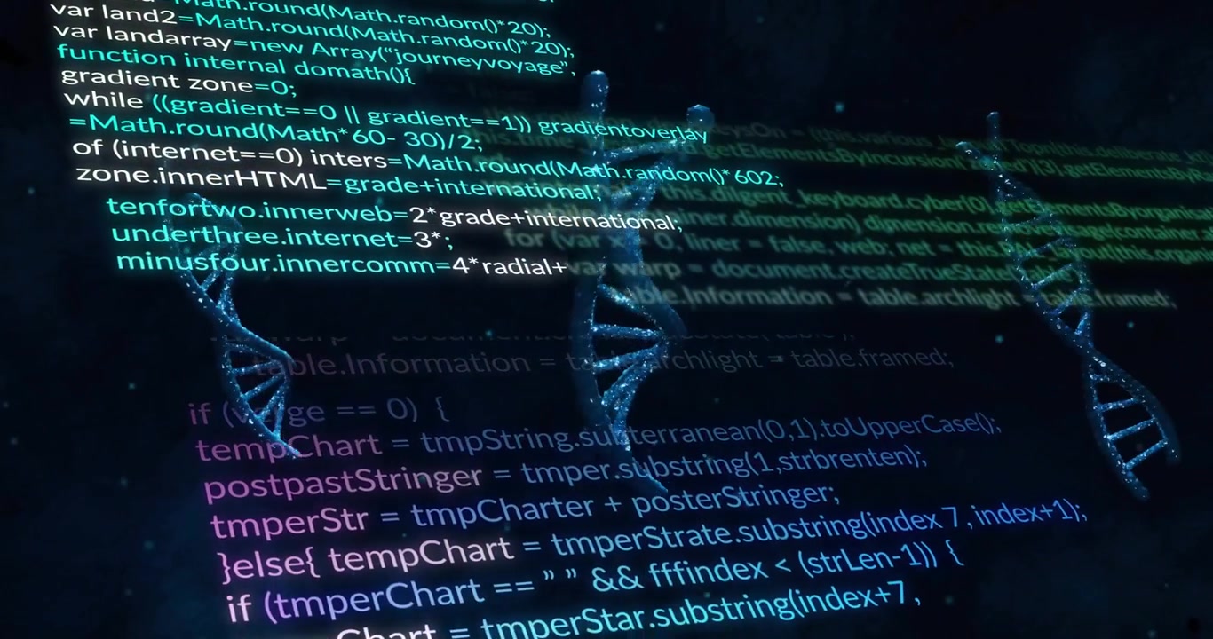 Programming code text floating over dark starry 3D render, DNA helices weaving behind