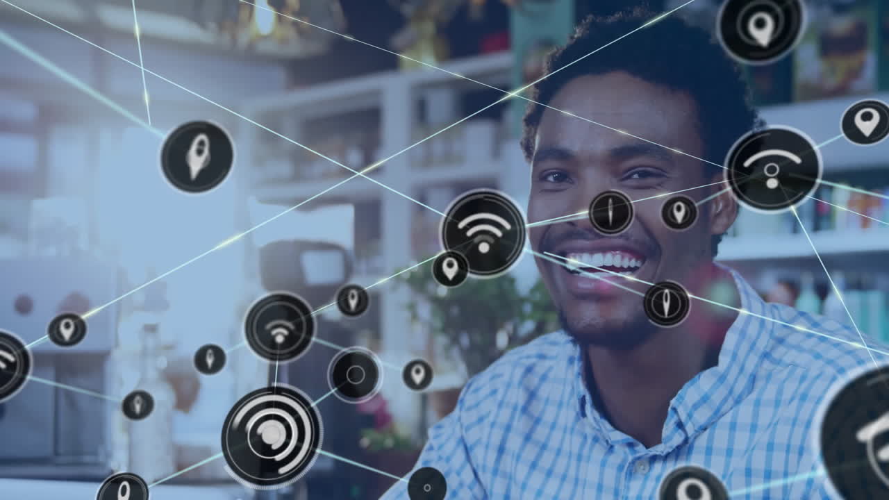 Animation of network of connections with wifi cons over african american man in cafe