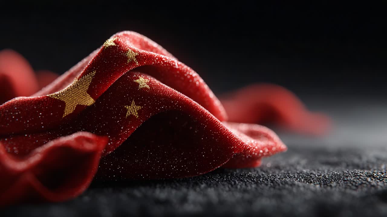 A Close-Up Perspective of a Crimson Drapery Featuring Golden Stars, Capturing the Intricacies of Texture and Light in a Beautifully Crafted Fabric Design