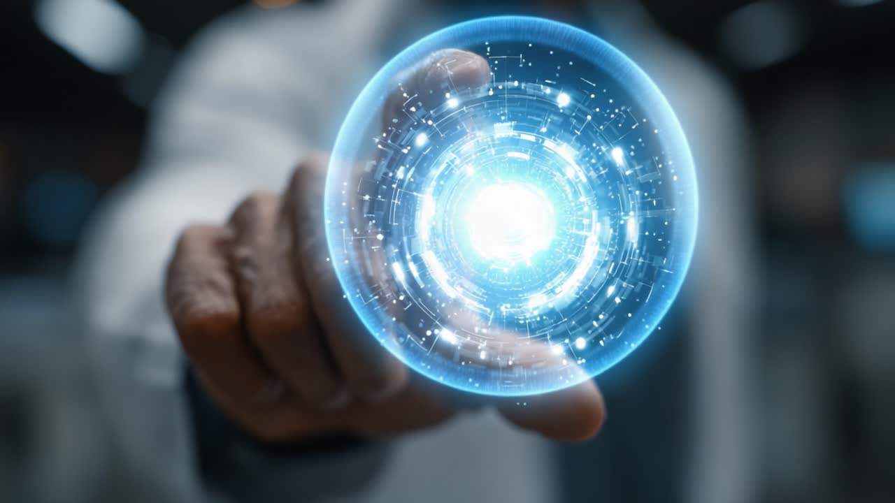 A Futuristic Interaction: Manipulating a Holographic Sphere of Light and Data with Precision and Innovation Captured in Two Distinct Frames