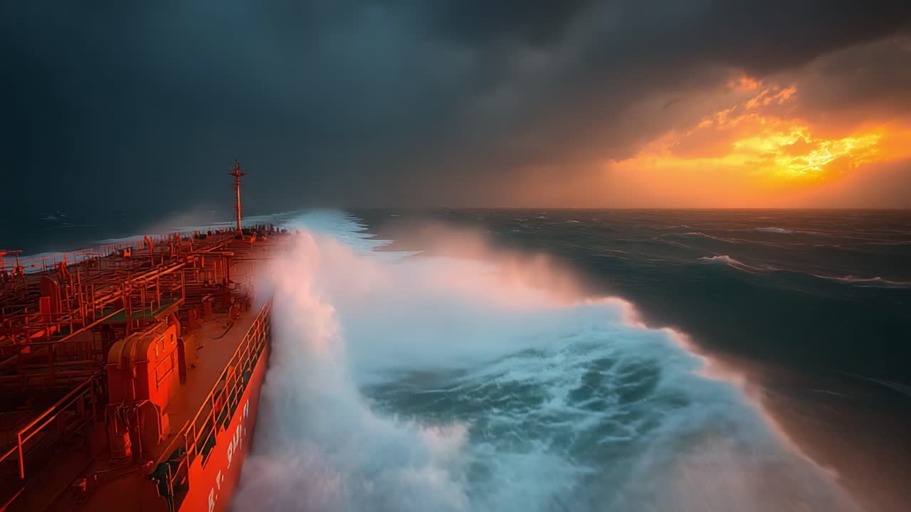 Una maestosa petroliera che naviga attraverso acque turbolente sotto un cielo drammatico mentre il sole tramonta all'orizzonte, creando un contrasto mozzafiato di luce e colore.