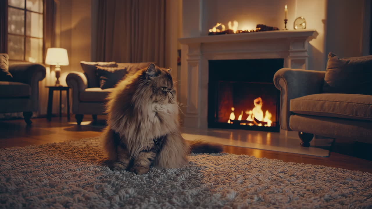 Persian Cat by the Fireplace in a Cozy Living Room