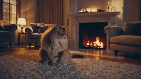 persian cat by the fireplace in a cozy living room