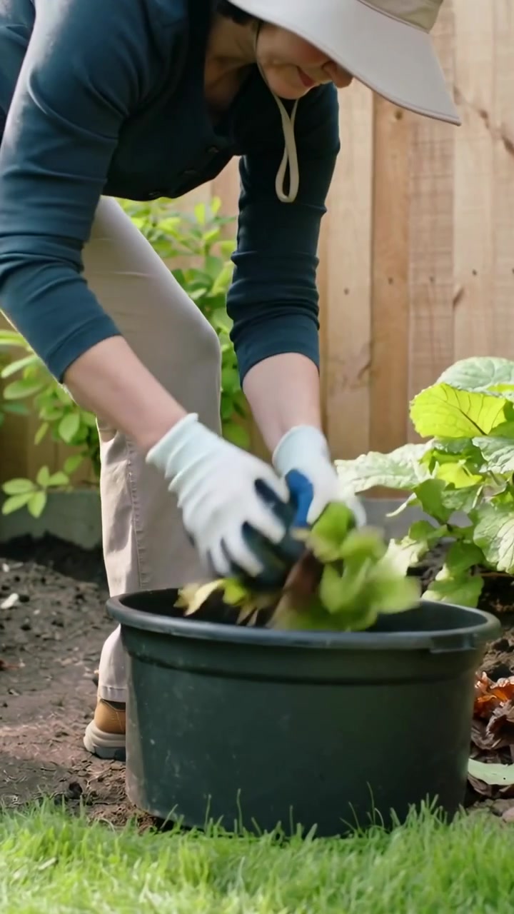 Vertical video: Seeing weeds, woman in hat and gloves pulling clumps into tub for compost in yard
