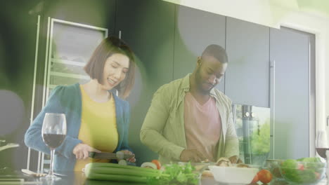 cooking together in kitchen, couple preparing vegetables with green light animation