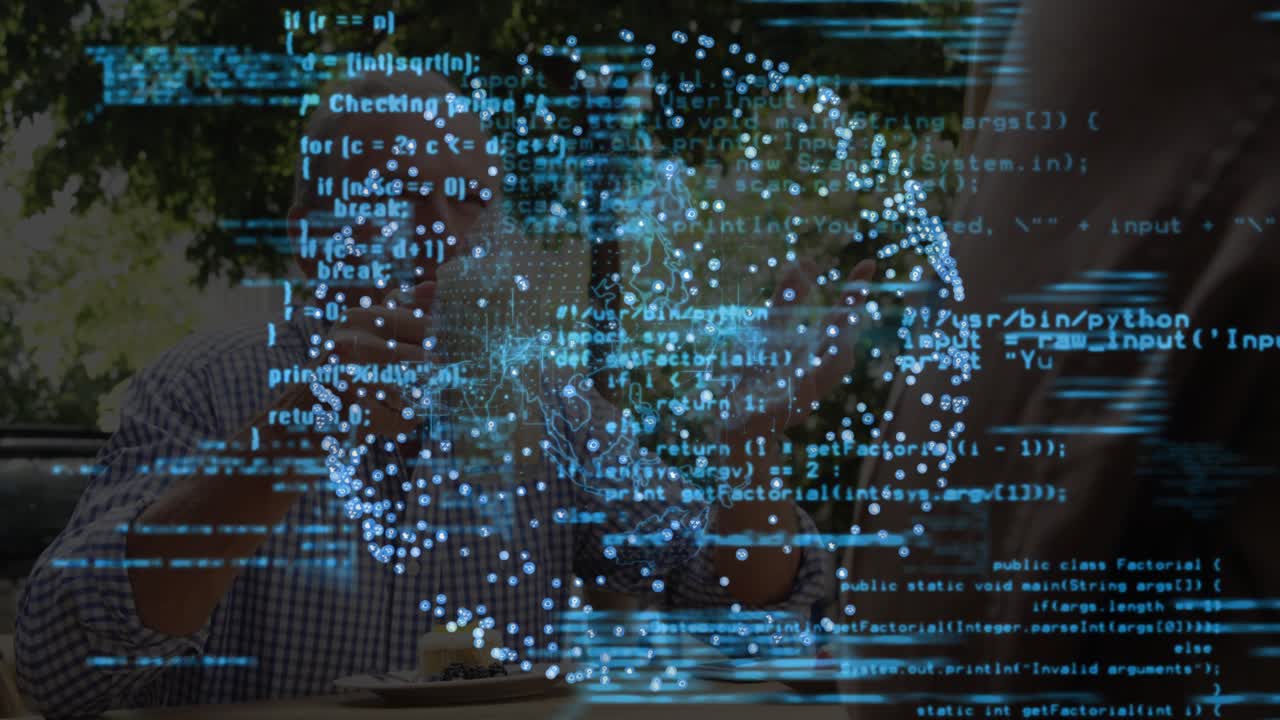 Man lifting glass toward partner toasting on patio as rotating tech 3D globe pulsing code overlays