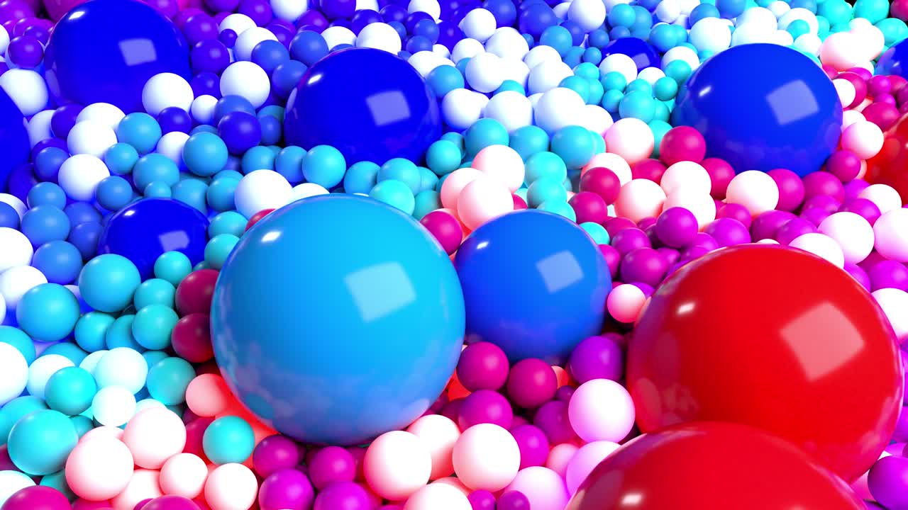 animación en bucle 3d con brillantes hermosas esferas pequeñas y grandes o bolas como un fondo de vacaciones abstractas. hermosa composición de esferas coloridas