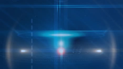 animation of illuminated lens flares with lines and digital radar moving on blue background