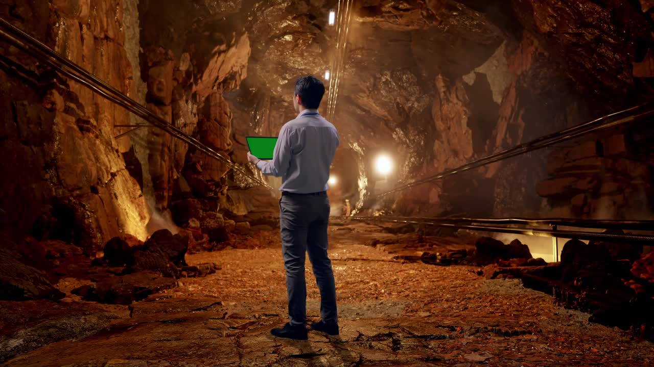 Full Body Back View Of An Asian Male Professional Worker Standing With Green Screen Tablet In Underground Mine Tunnel, Industrial Facility
