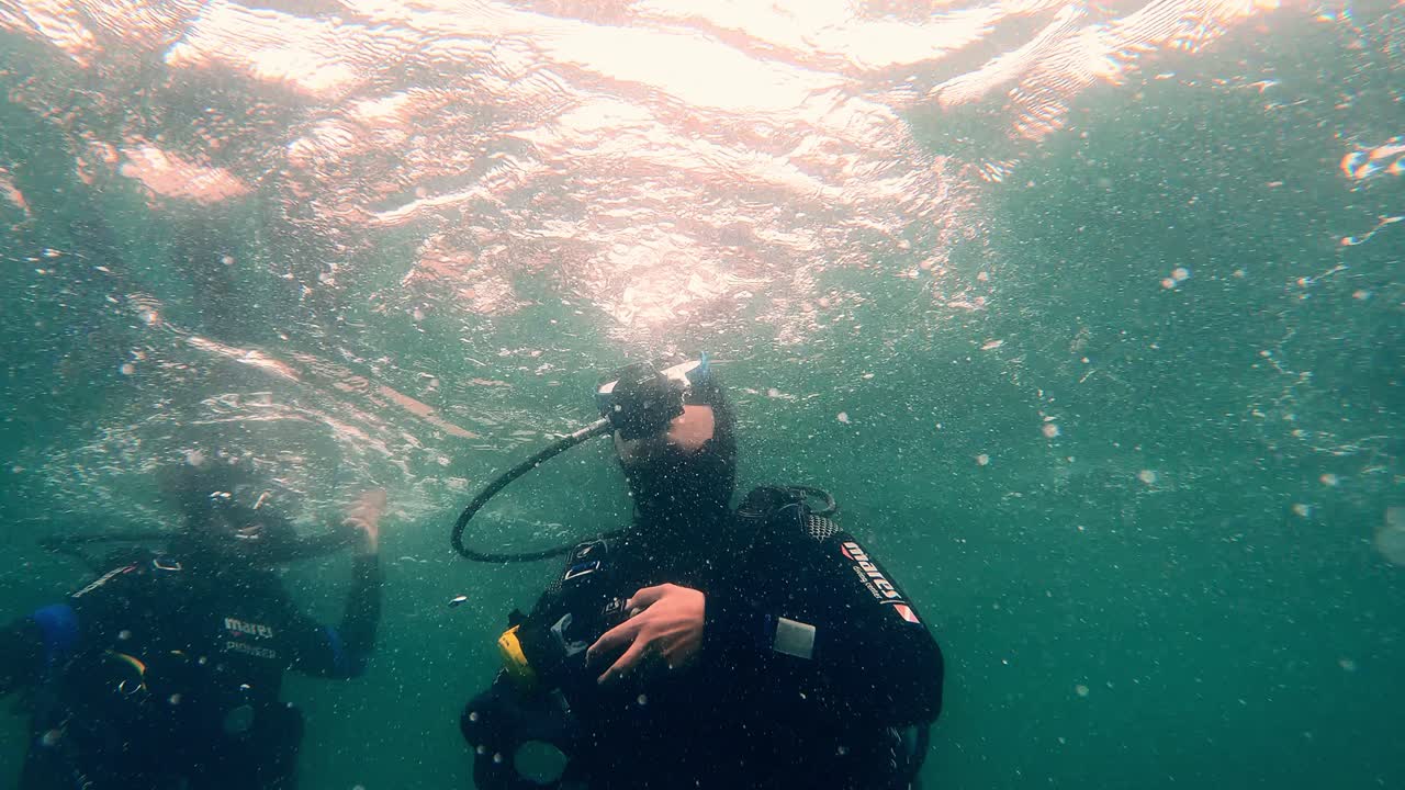 Scuba Divers Floating In The Sea. - underwater, ascend