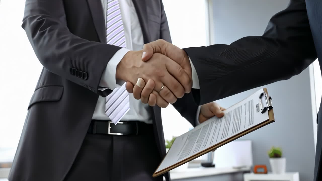 Business partners handshake with each other symbolizing teamwork cooperation. Two male professionals shaking hands after sealing deal in large office building. Concept of partnership among colleagues
