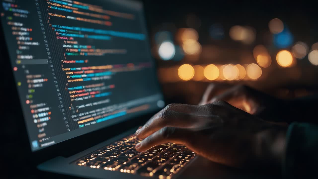 Focused Hands Typing Code on a Laptop in a Dimly Lit Environment, Showcasing Intricate Programming Details and Modern Technology at Work