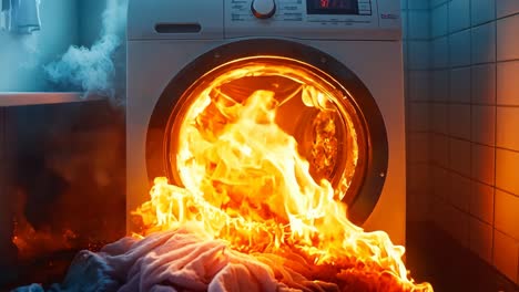a burning washing machine in a laundry room with a lot of clothes on fire