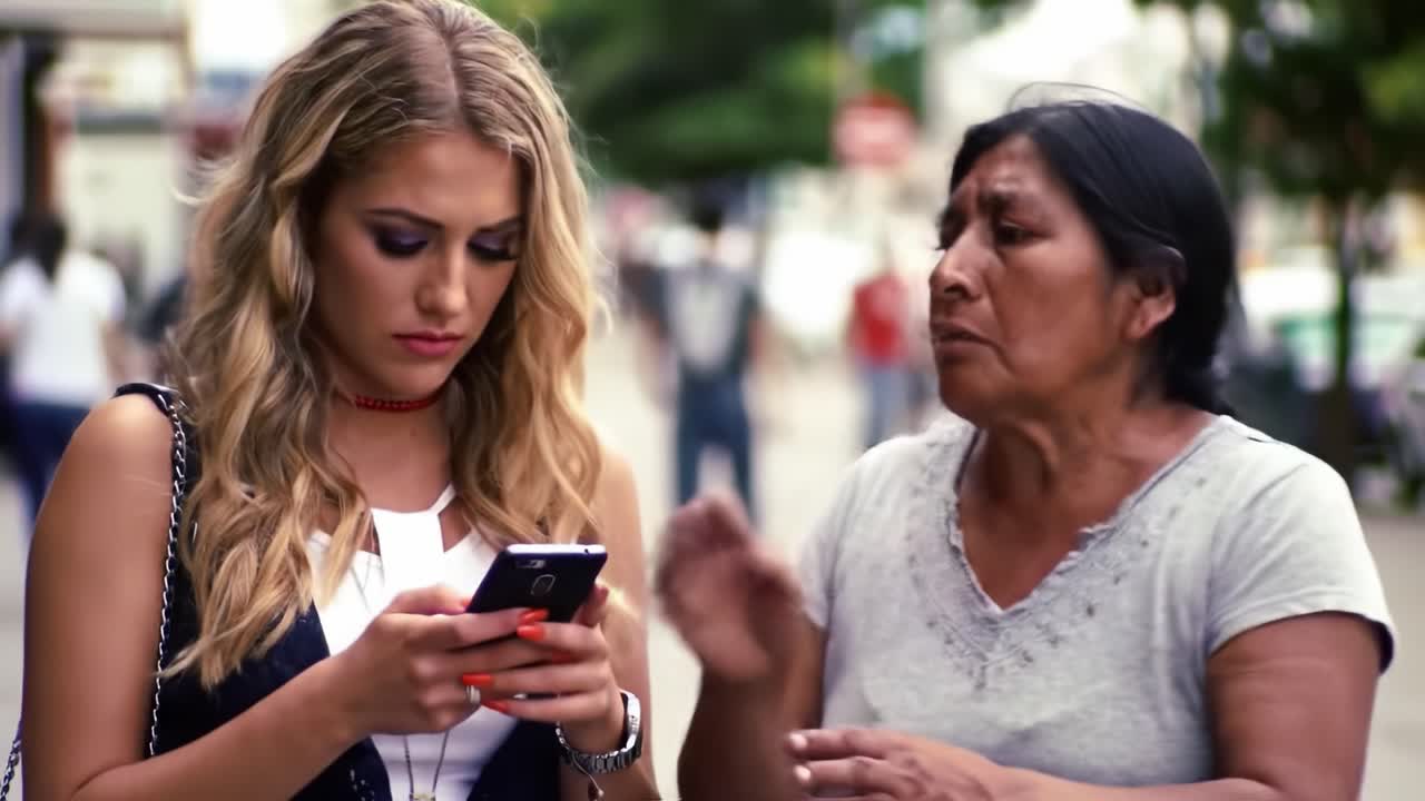 A Moment of Disconnection: A Young Woman Focused on Her Phone Ignoring a Concerned Elderly Woman in a Busy Urban Setting Captured Across Two Compelling Frames