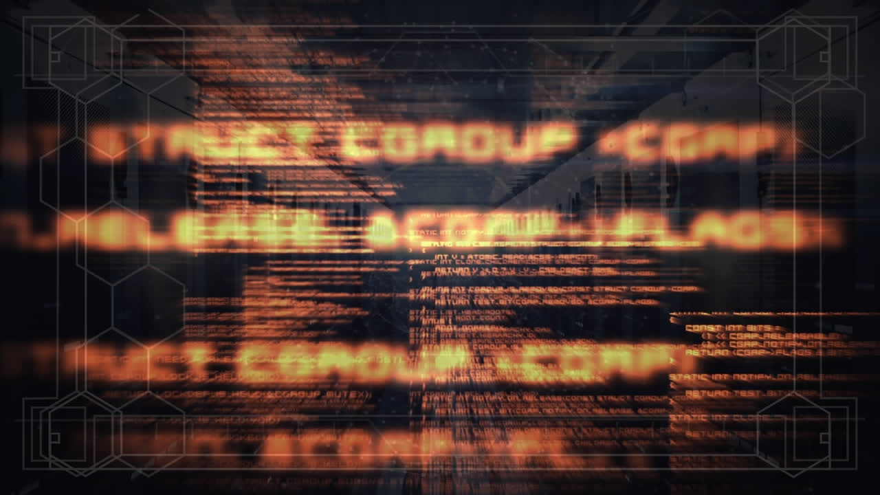 animación de hexágonos y lenguaje informático en la sala del servidor