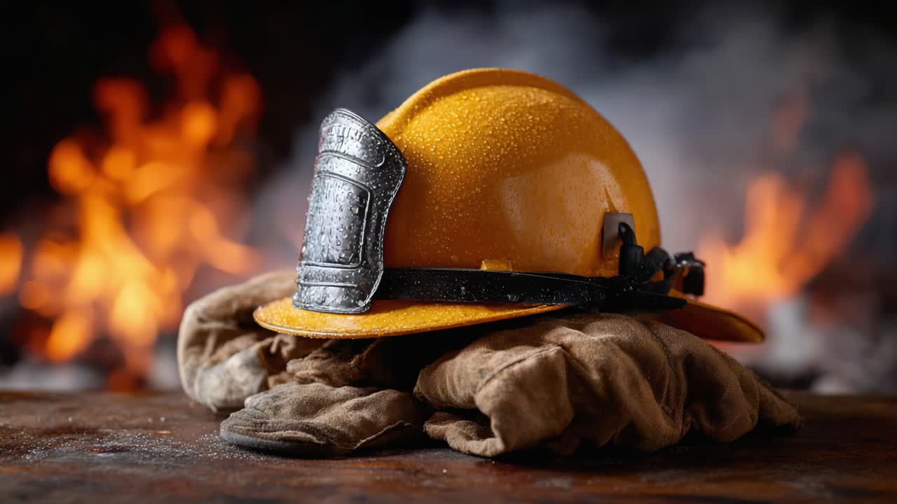 A close-up glimpse of a wet firefighter's helmet resting atop battered gloves, symbolizing bravery and readiness in the face of blazing infernos and critical situations