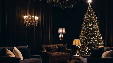 camera gliding around a beautifully decorated christmas tree in a cozy, dimly lit living room creates a festive atmosphere