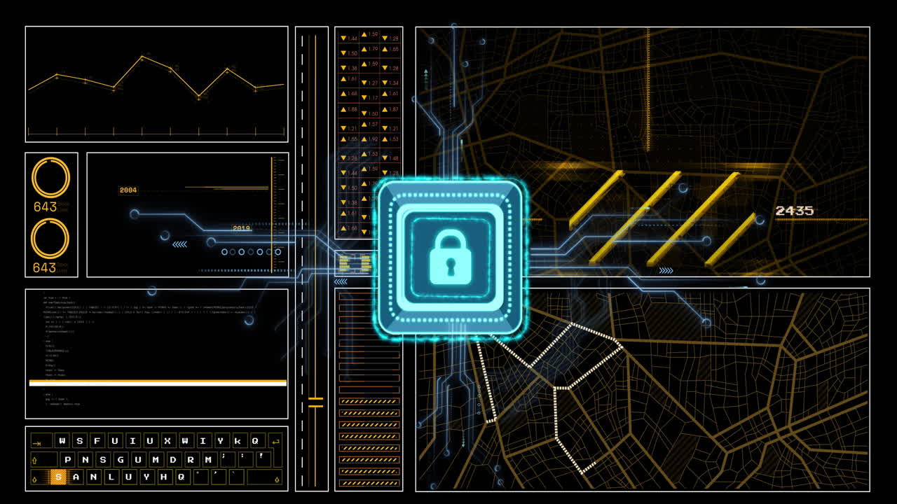 Animation of data processing and padlock icon over dark background