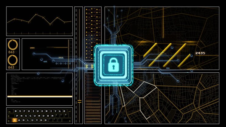 Animation of data processing and padlock icon over dark background