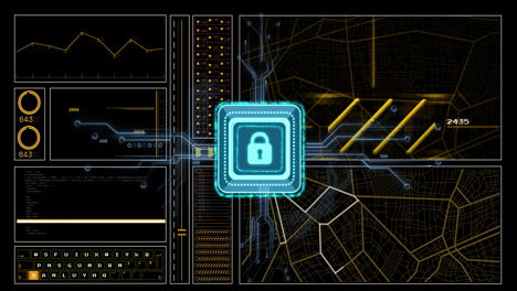 Animación-Del-Procesamiento-De-Datos-Y-El-Icono-De-Candado-Sobre-Fondo-Oscuro